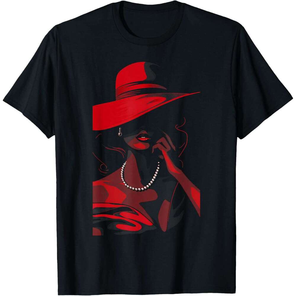 T shirt for Mens Womens Female Wearing A Big Hat And Pearl Necklace Funny T-Shirt Shirts Tshirt Graphic Tee Casual Tops Clothes Short sleeve
