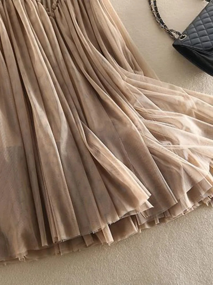 UCXQ Elegant Womens Clothing Lace Spliced Mesh A-line High Waist Khaki Black Fashion Skirts Female 2024 Spring Summer 23A7144 240815