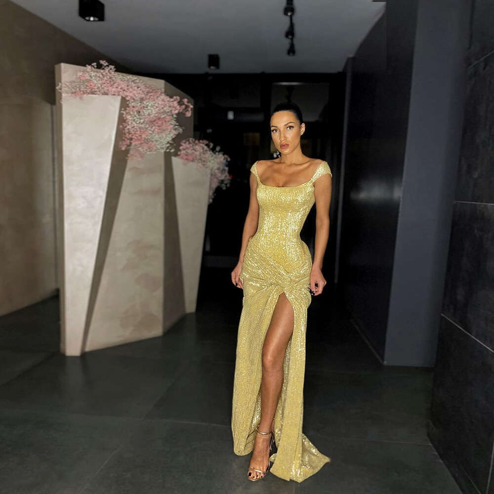 Fashion Yellow Sequin Formal Evening Dress Square Collar Pleat Mermaid or Length High Slit Vestidos De Noche With Sweep Train