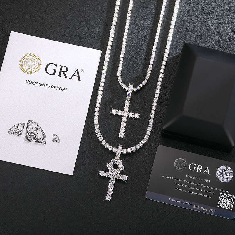 Pass Tester Sterling Sier VVS Moissanite Diamond Ankh Cross Pendant 4mm Tennis Chain Necklace Jewelry Set