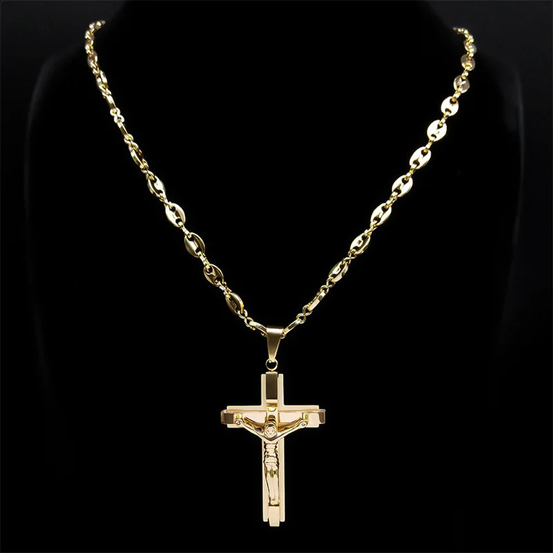 Jesus Cross Pendant Necklace Mens Stainless Steel Gold Christian Coffee Bean Chain Jewelry Crystal Necklace 240810