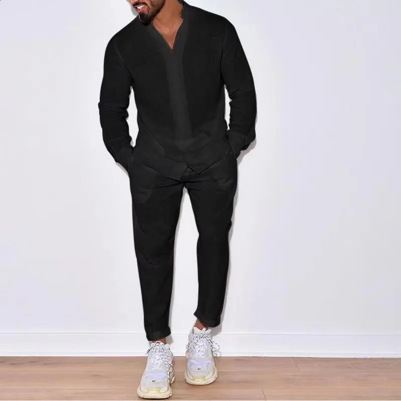 Mens set linen spring and autumn casual set long sleeved shirt and mens two-piece set fashionable mens selling comfort 240827