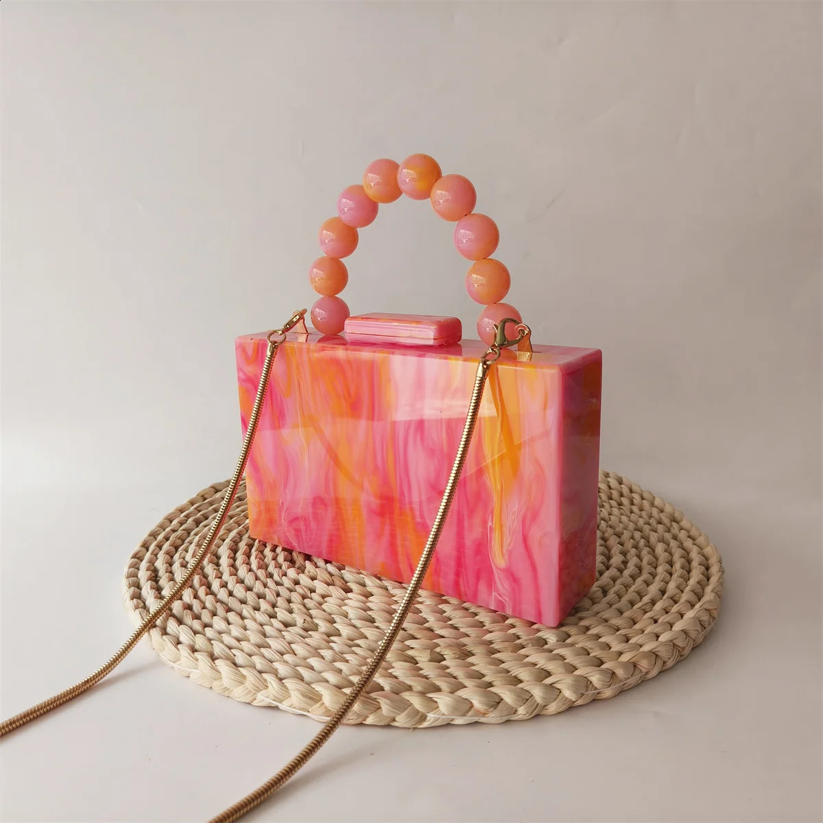 Latest Ink beaded Pearl Marble Orange Acrylic Box Clutch Bags Women Party Evening Beach Flap Bridal Wedding Purse And Handbags 240816