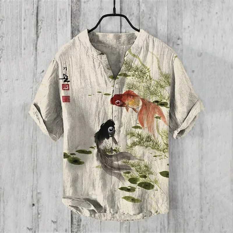 2024 new linen shirt 100% mens Japanese art landscape ink bamboo bird fish 3D printing fashion casual Henry V-neck shirtW240726