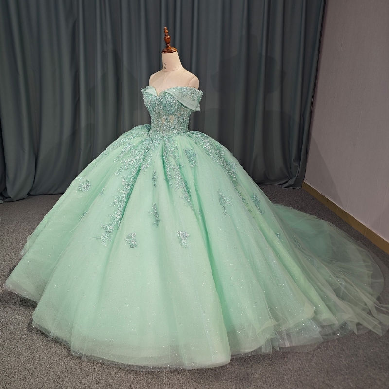 Mint Green Sparkly Princess Quinceanera Dresses Off Shoulder Gillter Beads Crystal Corset Sweet 16 vestidos de 15 anos quinceaneras