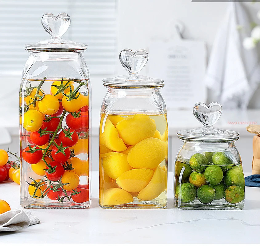 Glass candy jar with heart-shaped lid household kitchen coffee storage jar dried fruit food storage jar kitchen supplies 240816