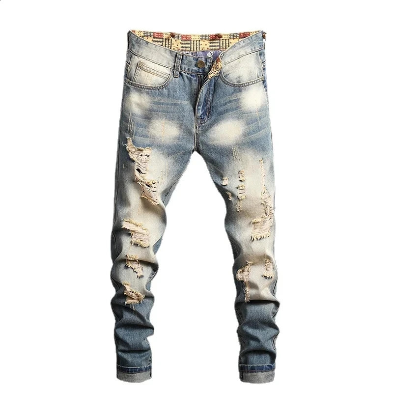 Retro Distressed Tear Ultra Thin Jeans Suitable for Mens Street Hip Hop Stretch Straight Fashion Motorcycle Denim Trouser Men 240816