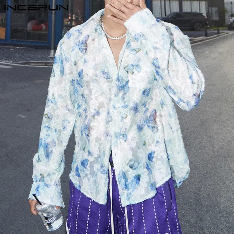 Men Shirt Floral Printing Lapel Long Sleeve Casual Men Clothing Streetwear Loose Korean Style Fashion Shirts S-5XL INCERUN 240816