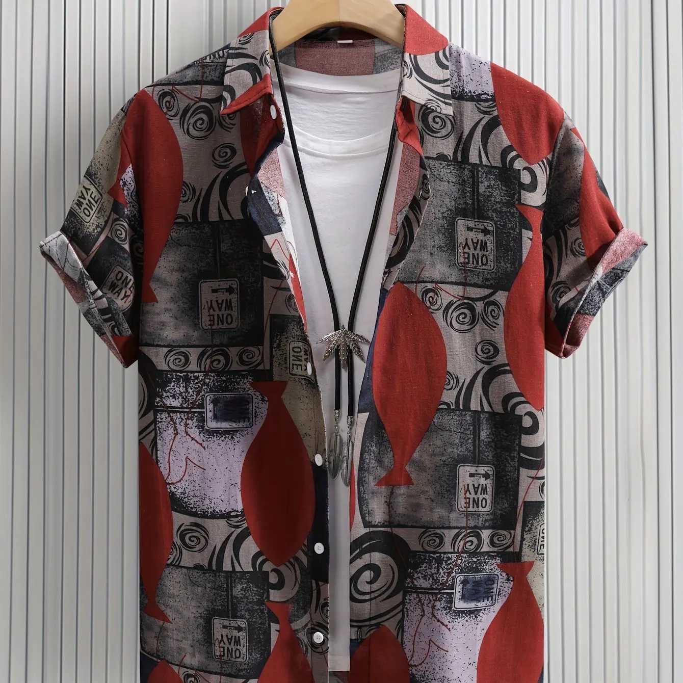 Mens loose cotton blend geometric pattern shirt casual breathable collared short sleeved shirt suitable for outdoor useW240726