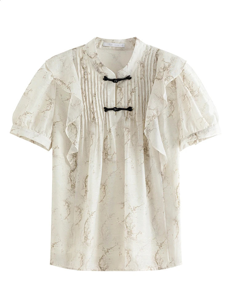 FSLE Stand collar Chinese style womens summer thin short sleeved shirt with fungal edge design chiffon 24FS12459 240814