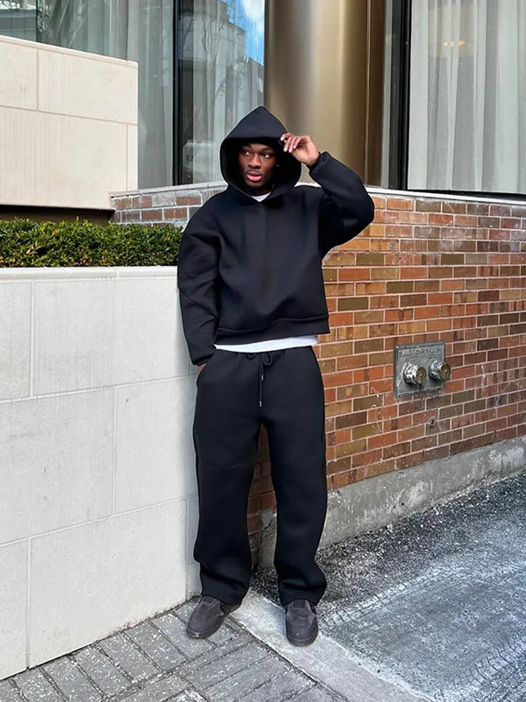 Casual Solid Couples Hooded Sweatshirt And Loose Sweatpants 2 Piece Suit Male Autumn Jogging Sweatshirt Trousers Outfits Suits 240816