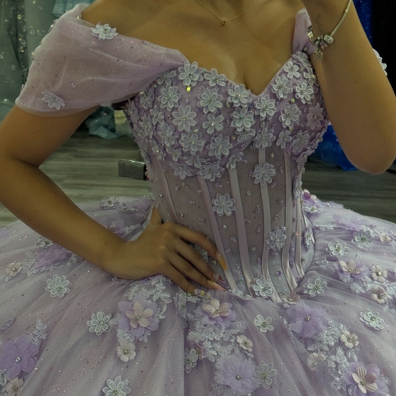 Sparkly Lavender Quinceanera Dress Ball Gown Off The Shoulder 3D Floral Applique Beaded Tull Corset Sweet 16 Vestidos De 15 Anos