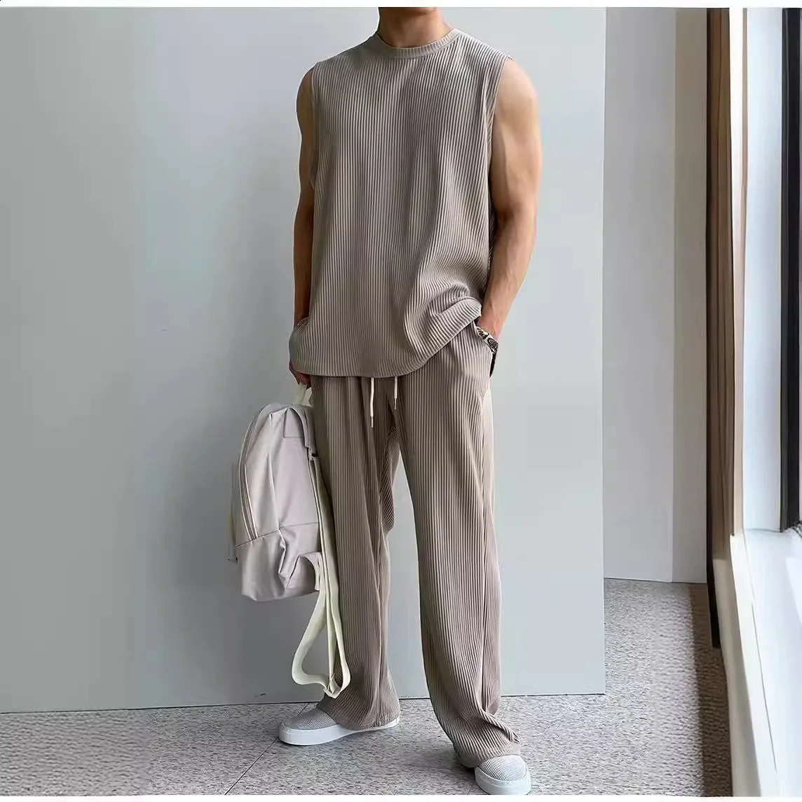 Summer Clothing Mens Casual Tank Tops Set Korean Streetwear O Neck Solid Drape VestTrousers 2 Piece Suit 2024 240809