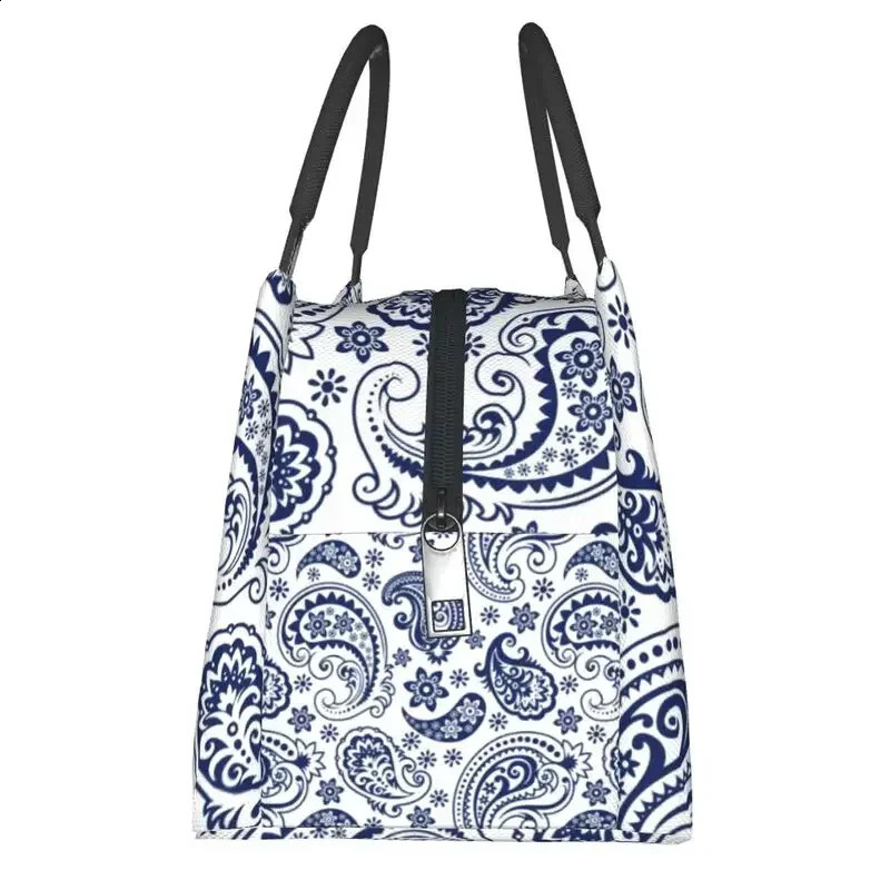 Blue And White Vintage Paisley Style Insulated Lunch Bag for Women Leakproof Flowers Pattern Cooler Thermal Lunch Tote 240816
