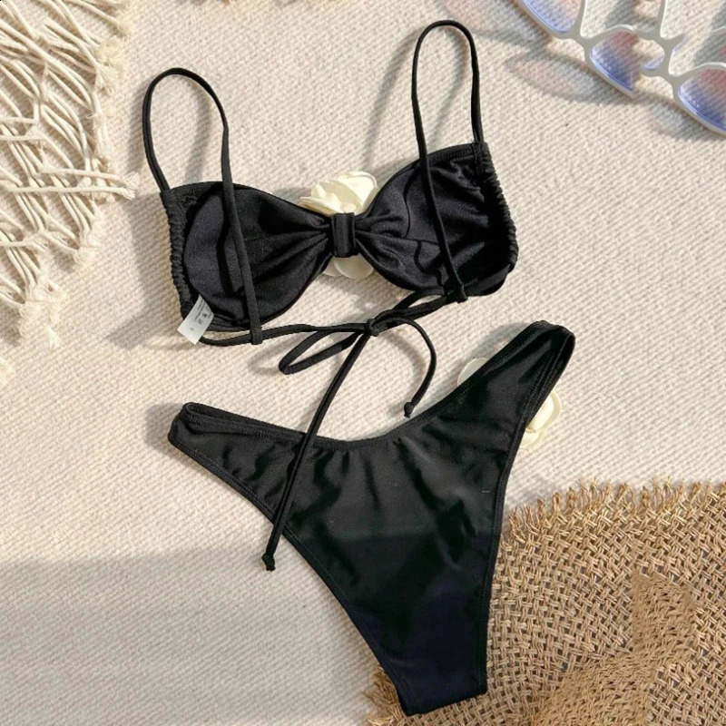 Sexy Flower Bandeau Swimwear Thong Bikini Women Lace-up Swimsuits Swimming Bathing Suit Brazilian Bikinis Set Mujer Biquini 240813