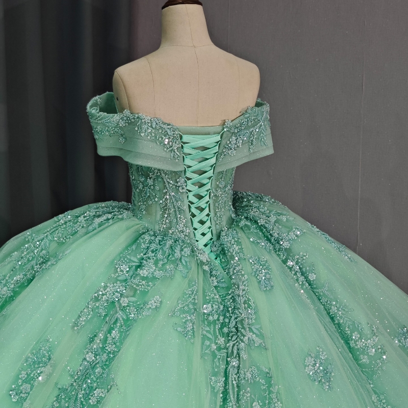 Mint Green Sparkly Princess Quinceanera Dresses Off Shoulder Gillter Beads Crystal Corset Sweet 16 vestidos de 15 anos quinceaneras