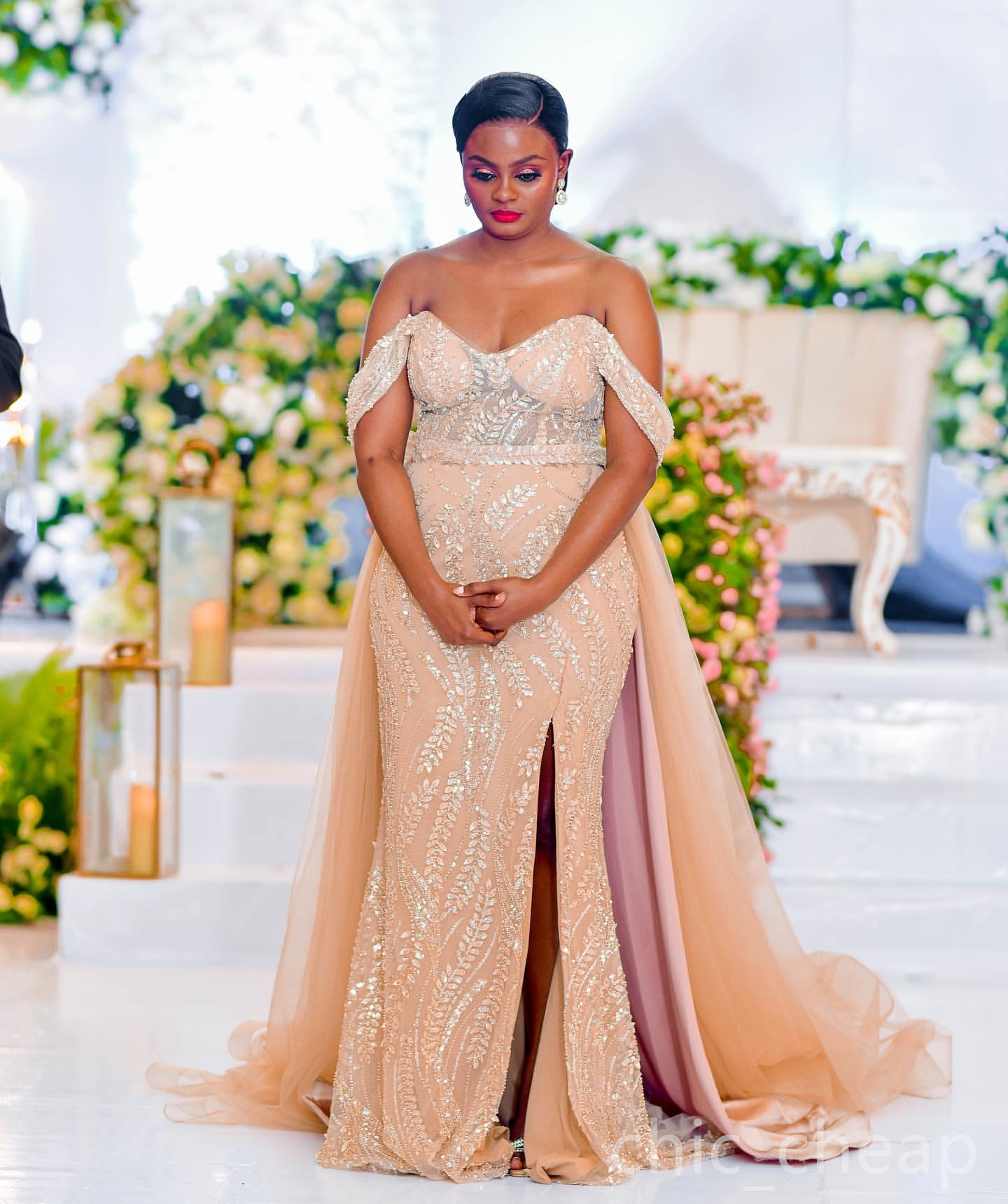 Champagne Floral Lace Mermaid Prom Dress for 2024 Events Detachable Evening Formal Party Second Receiption Birthday Dresses For Special Occasions Vint