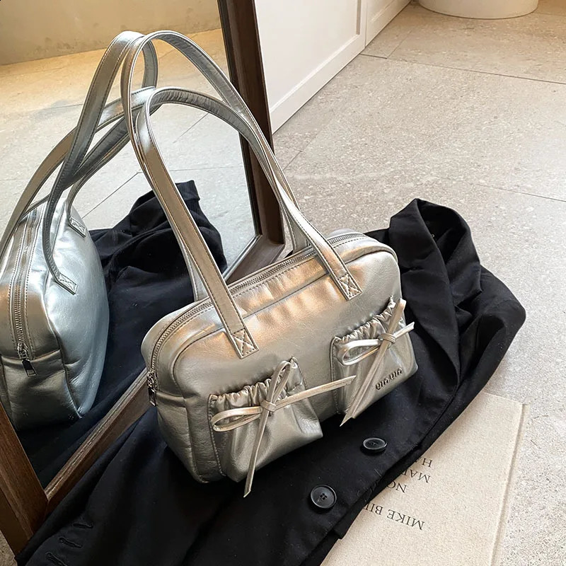 HAEX Y2K Womens Shoulder Bag Fashion ner Silver Bow Boston Handbag y Full Set Competition Day Bolso Mujer 240817