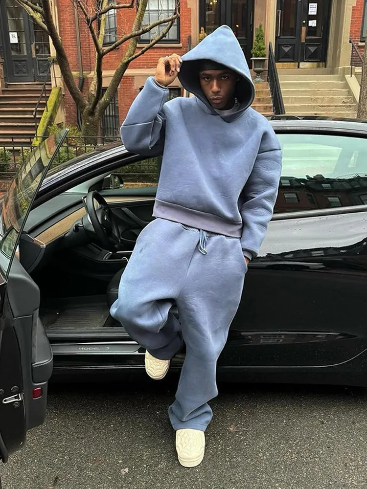 Casual Solid Couples Hooded Sweatshirt And Loose Sweatpants 2 Piece Suit Male Autumn Jogging Sweatshirt Trousers Outfits Suits 240816