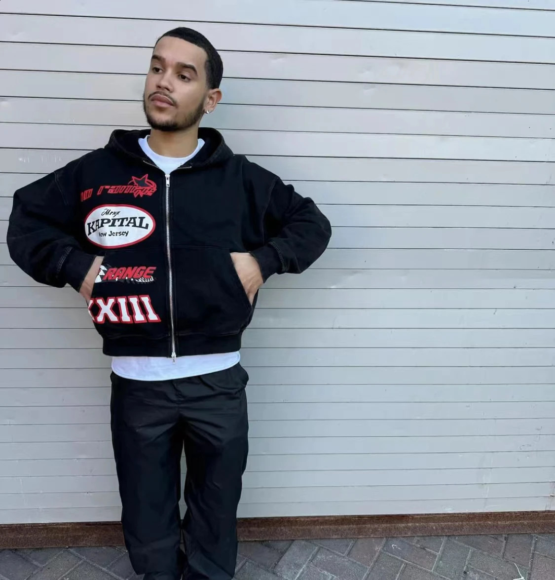 American retro skull lazy style printed hooded long sleeved sweater Y2K zipper couple 240816