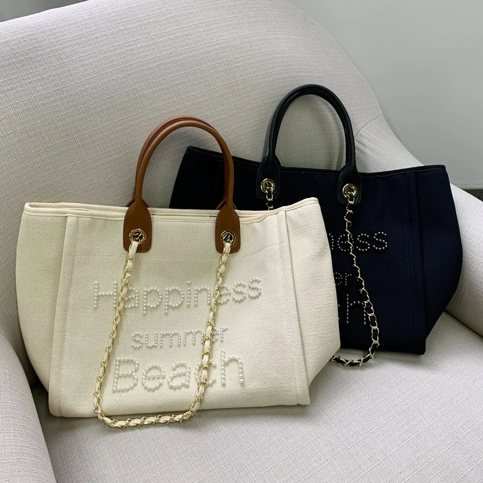 Women Tote Bag Fashion Canvas Large Handbag Chains Genuine Leather Shoulder Bags Ladies Big Messenger Bag Shopping Bag 240816