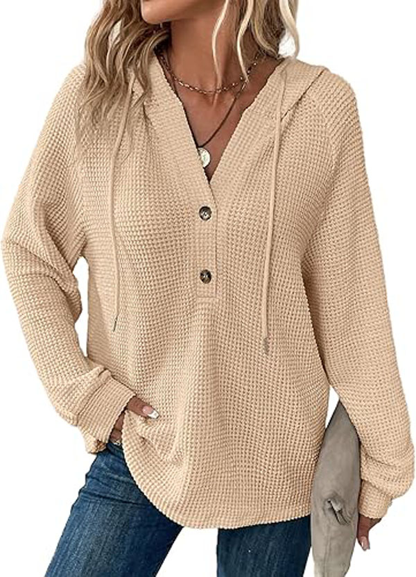 Dokotoo Hoodies for Women Waffle Knit Drawstring Button V Neck Long Sleeve Casual Pullover Sweatshirt Hooded Tops