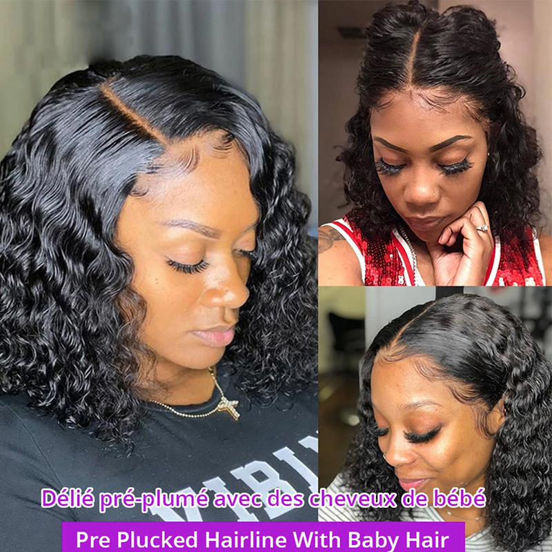 Deep Wave 180% Density Pre-Plucked Side Part Short Bob 13*4 Lace Frontal Brazilian Virgin Human Hair Wigs For Black Woman