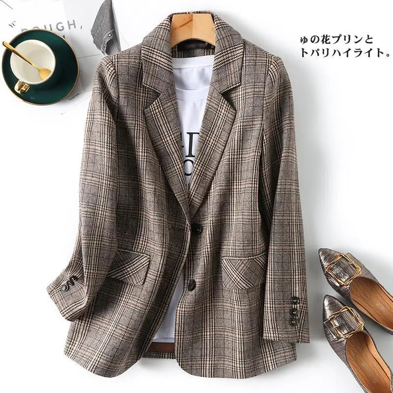 Checkered suit casual jacket autumn style loose onepiece womens 240814