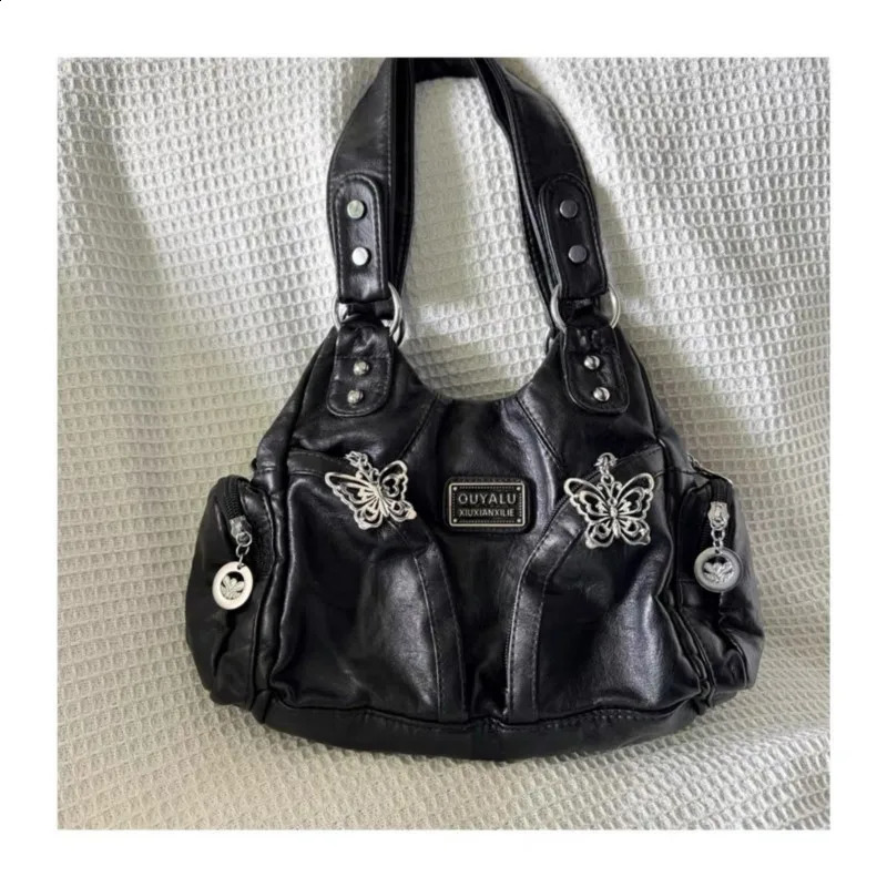 JIAERDI Retro Black Messenger Bag Purse Women Subculture Girls Butterfly Leather Y2k Handbag Female Vintage Crossbody Bags 240816