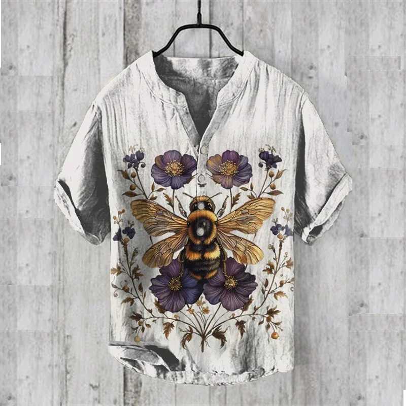 Spring and summer new bee print V-neck short sleeved shirt casual loose fitting long socks linen topW240726