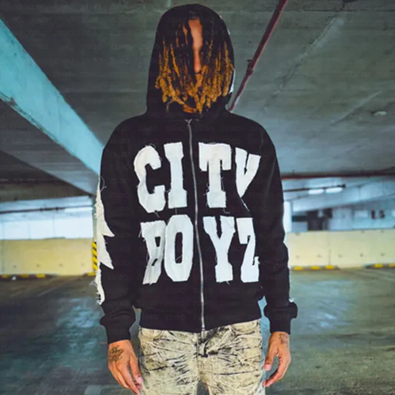 Y2K Hoodie Hip Hop Gothic Letter Splicing Loose Pulling Mens Fashion Retro Harajuku Street Clothing Casual Zipper Top 240813