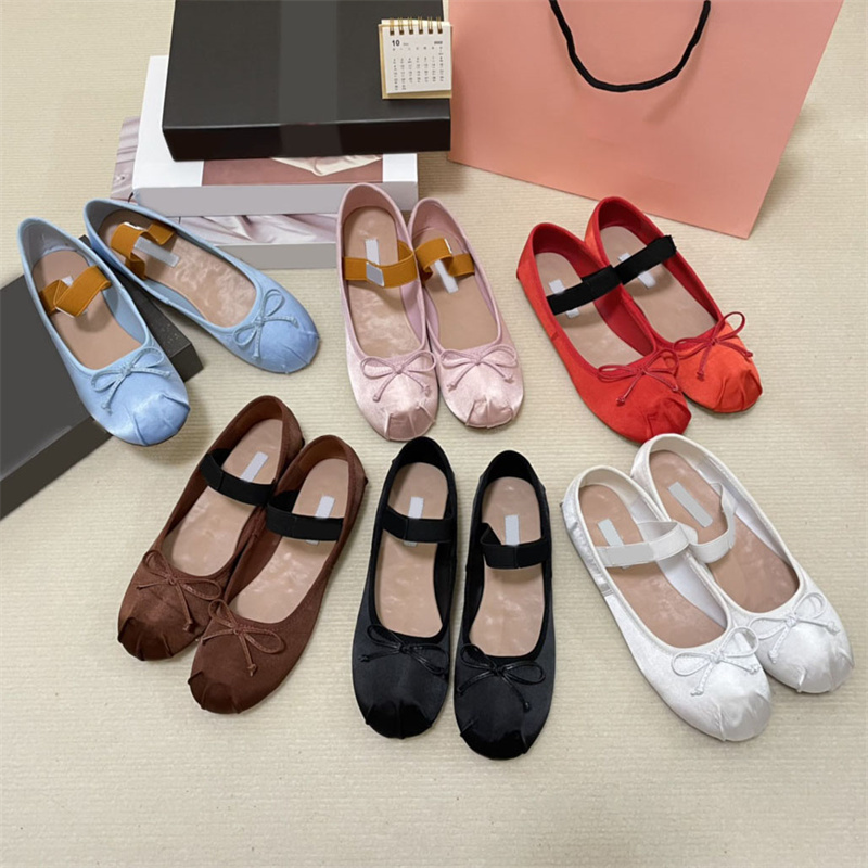 Dance shoes womens Satin Ballet Flats sneakers designer slippers ladies dress shoes black white blue chocolate rose pink red women Calfskin Leather Lace up trainers