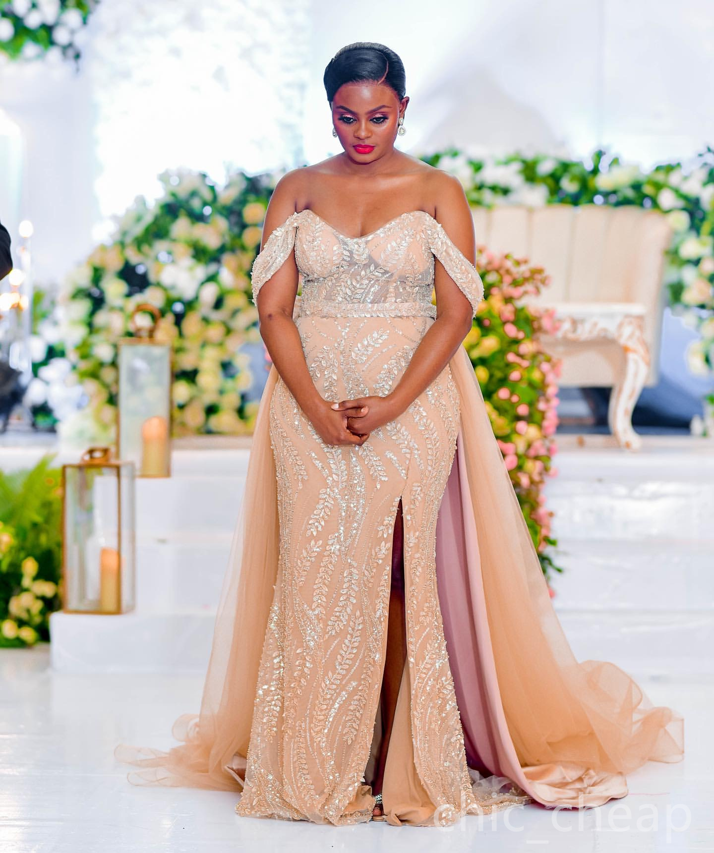 Champagne Floral Lace Mermaid Prom Dress for 2024 Events Detachable Evening Formal Party Second Receiption Birthday Dresses For Special Occasions Vint