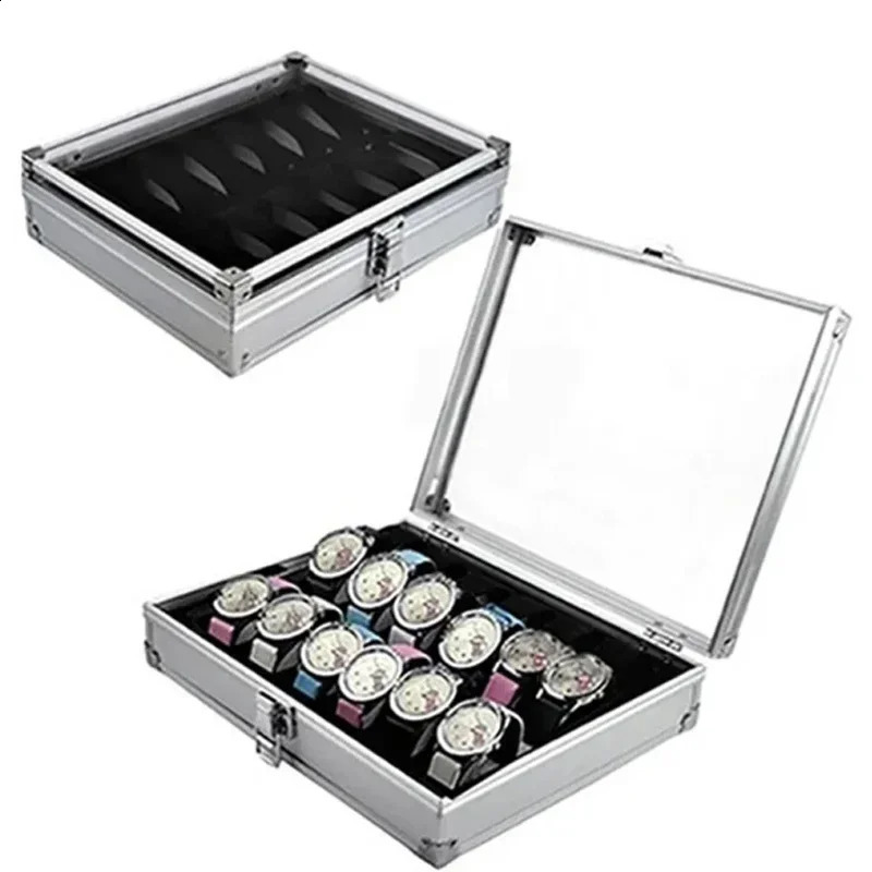 Useful Aluminium Watches Box 12 Grid Slots Jewelry Watches Display Storage Box Square Case Suede Inside Rectangle Watch Holder 240812
