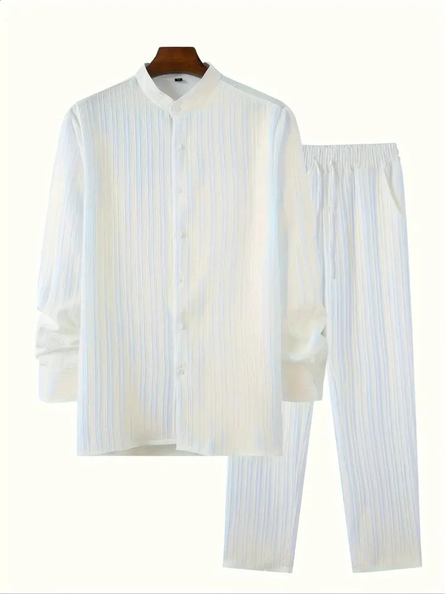 Tiki Mens Shirt Spring And Autumn Casual Shopping Solid Color Striped Long Sleeve Shirt Striped Pants Set Flash Sales 240821