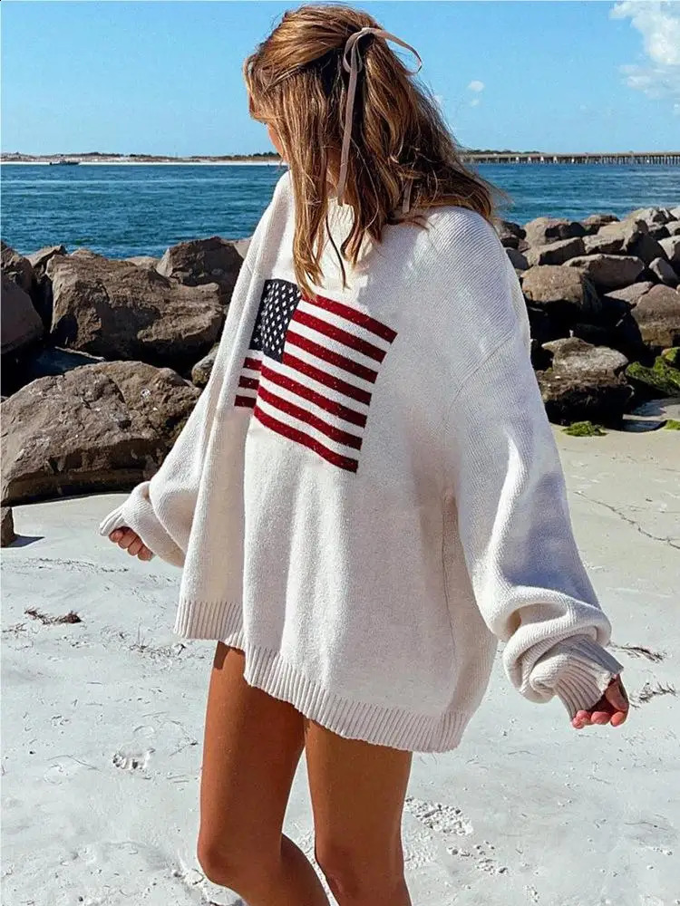 Women Flag Pattern Sweaters Vintage Loose Warm Sweaters Long Sleeve Round casual Harajuku Pullovers Knitwear Streetwear 240812