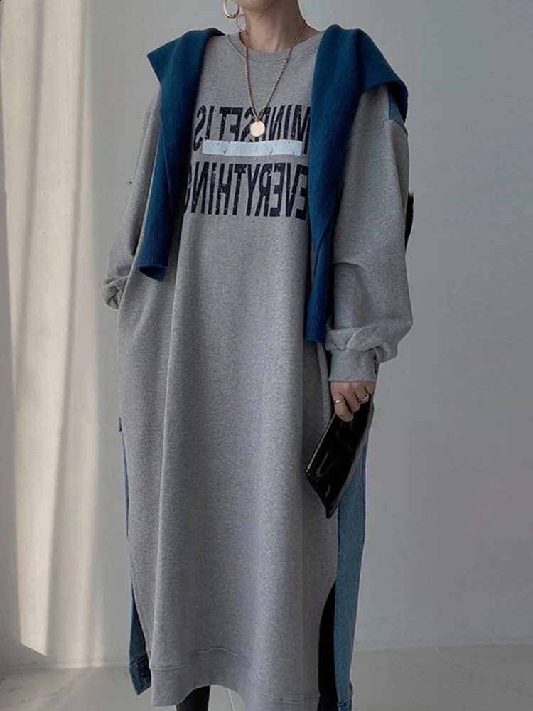 EWQ Letter Print Contrast Color Casual O-Neck Lantern Sleeve Splice Denim Sweater Dress Female Autumn 16Y3673 240816