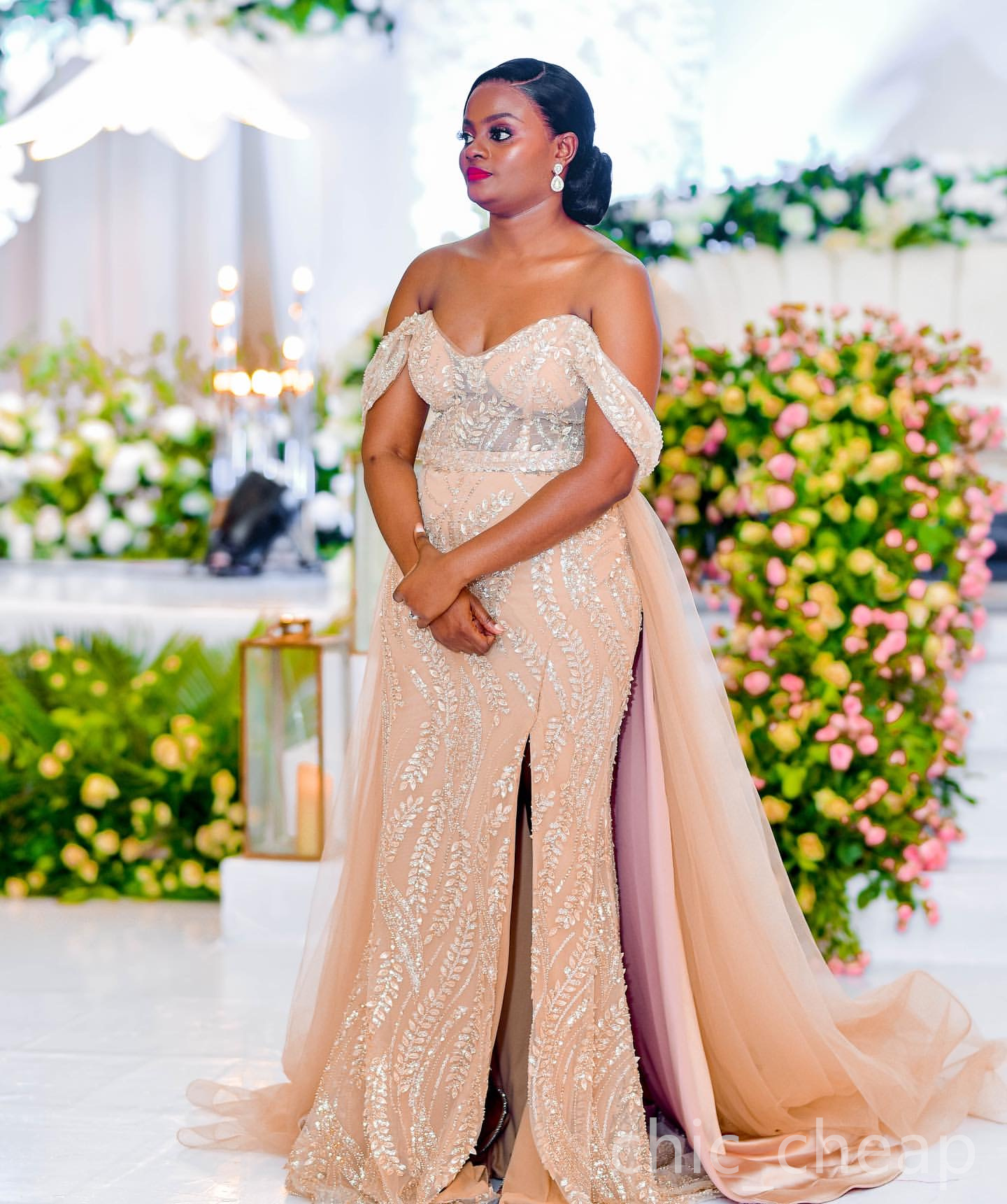 Champagne Floral Lace Mermaid Prom Dress for 2024 Events Detachable Evening Formal Party Second Receiption Birthday Dresses For Special Occasions Vint