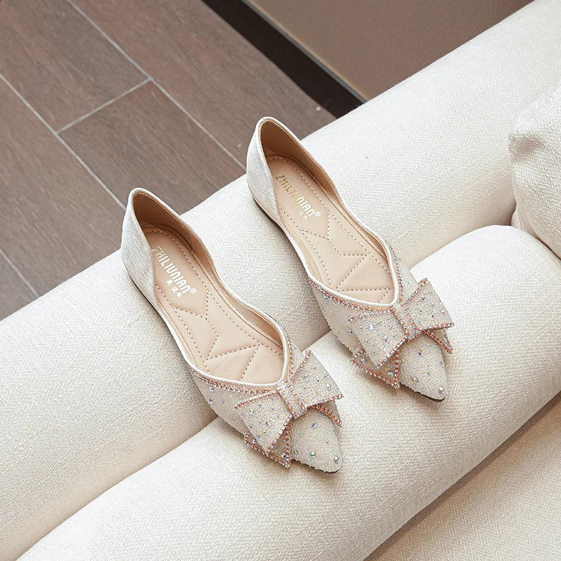 Rhinestone bow ballet flat bottomed womens comby single shoes pointed toe beads drives loafers womens crystal espadrilles large size 43 240821
