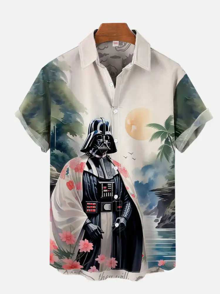 2024 Fashion Ukiyo-E Tropical Flower and Sci Fi Space Warrior Printed Flip Collar Hawaiian Short Sleeve Casual ShirtW240726