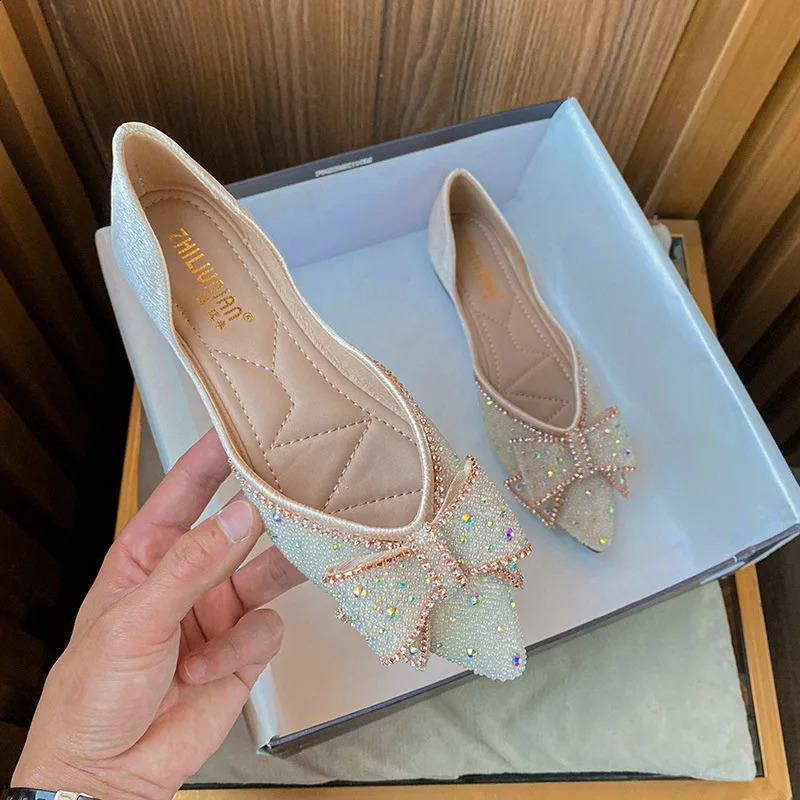 Rhinestone bow ballet flat bottomed womens comby single shoes pointed toe beads drives loafers womens crystal espadrilles large size 43 240821