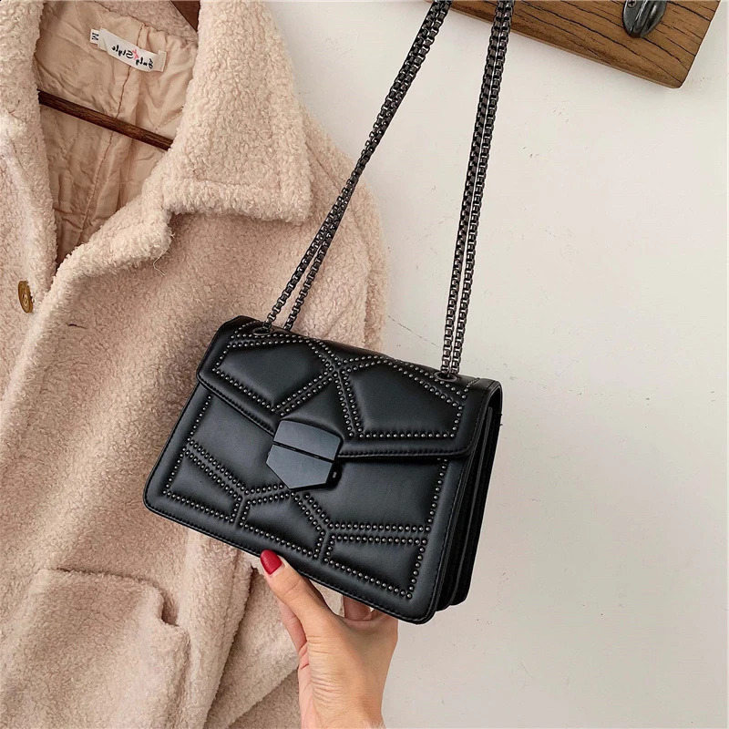 Yogodlns Vintage Rivet Chain Small Shoulder Bags For Women Flap PU Leather Fashion Square Crossbody Bag Handbag y240823