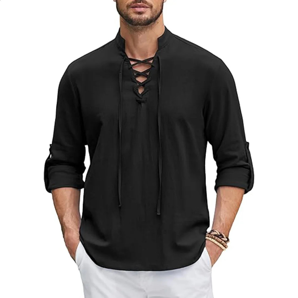 Mens Renaissance shirt pirate medieval Viking top cotton linen shirt mens long sleeved Halloween costume 240816bj