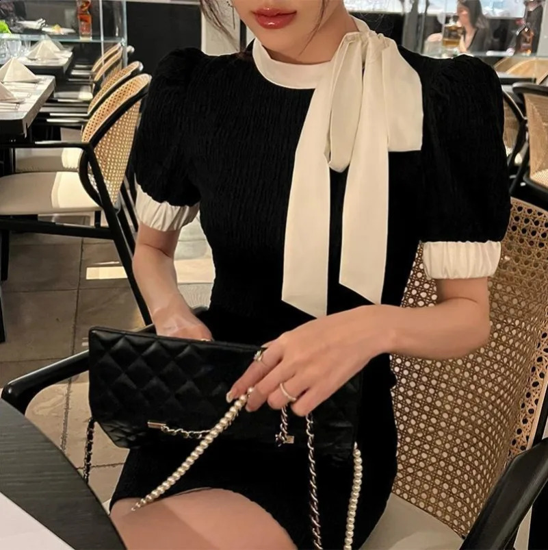 Summer Vintage Slim Black Mini Dress Office Lady Sexy Bodycon Elegant Party Casual Short Sleeve Korean Woman 240816