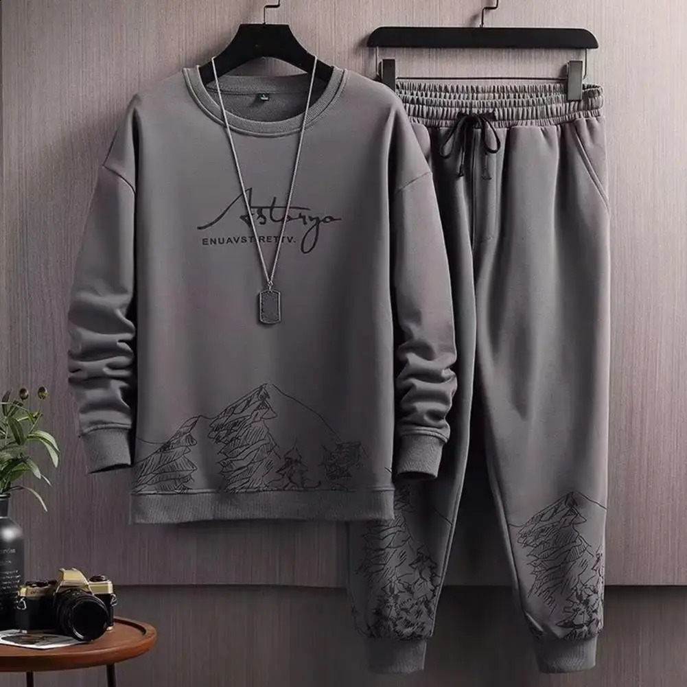 Printed active mountain print mens casual track set with O-ring sports shirt and jogging pants suitable for mens wear in autumn and winter 240827