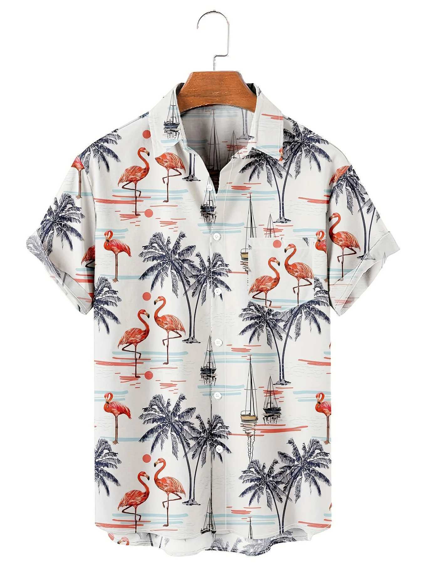 Mens plus size flamingo pattern Hawaiian shirt summer short sleeved T-shirt top Harajuku casual shirt short sleeved streetwearW240726