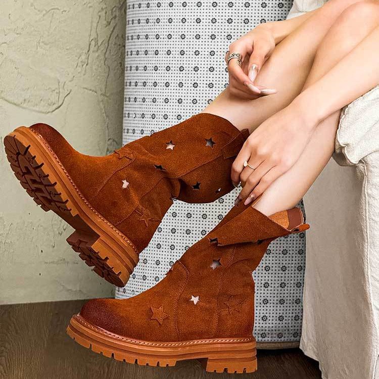 Women's hollow brown fashionable casual comfortable denim boots