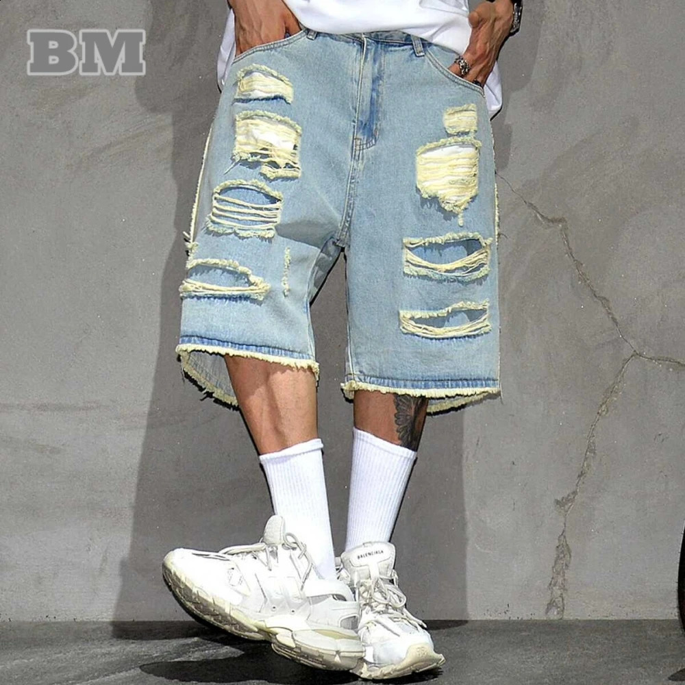 Summer Korean Hip Hop Ripped Denim Shorts Men Clothing Streetwear Jorts Harajuku Casual Baggy Jeans Kpop Blue Cargo Shorts Male 240816