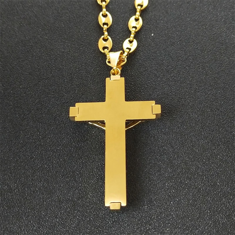 Jesus Cross Pendant Necklace Mens Stainless Steel Gold Christian Coffee Bean Chain Jewelry Crystal Necklace 240810