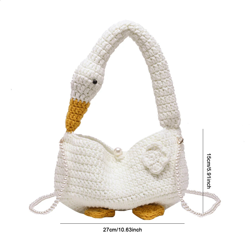 2023 Women Cartoon Crochet Bag Goose Versatile Weave Tote Handbag Pearl Chain Girls Casual Knitted Shoulder Handmade Daily 250107